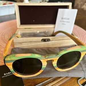 Green & Natural Wood Toned Round Sunglasses
